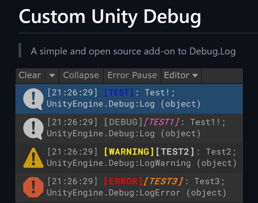Custom Unity Debug extension showing tagged console messages